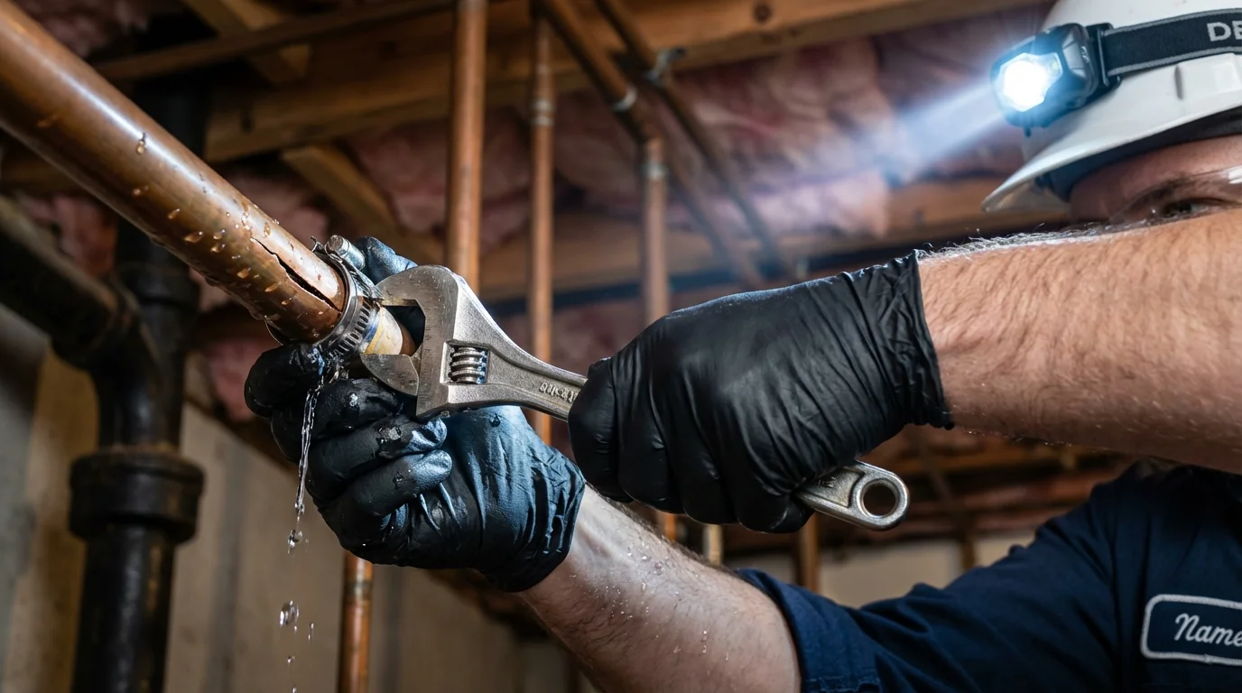 Emergency pipe clamp repair being performed by a Johns Plumbing LLC plumber in Zeeland